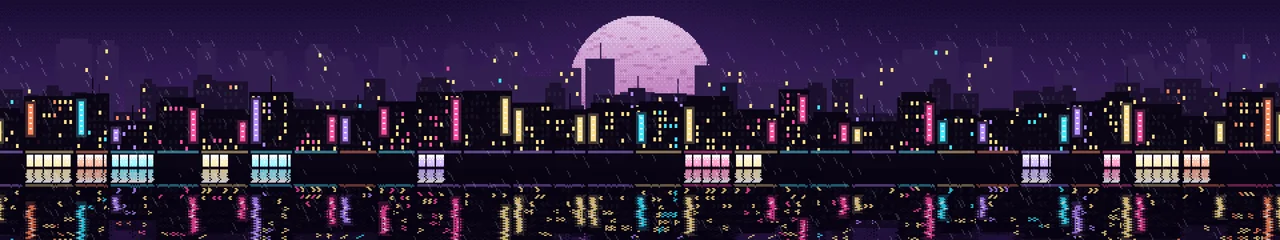 Dark Purple Pixel Art Rainy City triple monitor wallpaper, 7680 × 1440