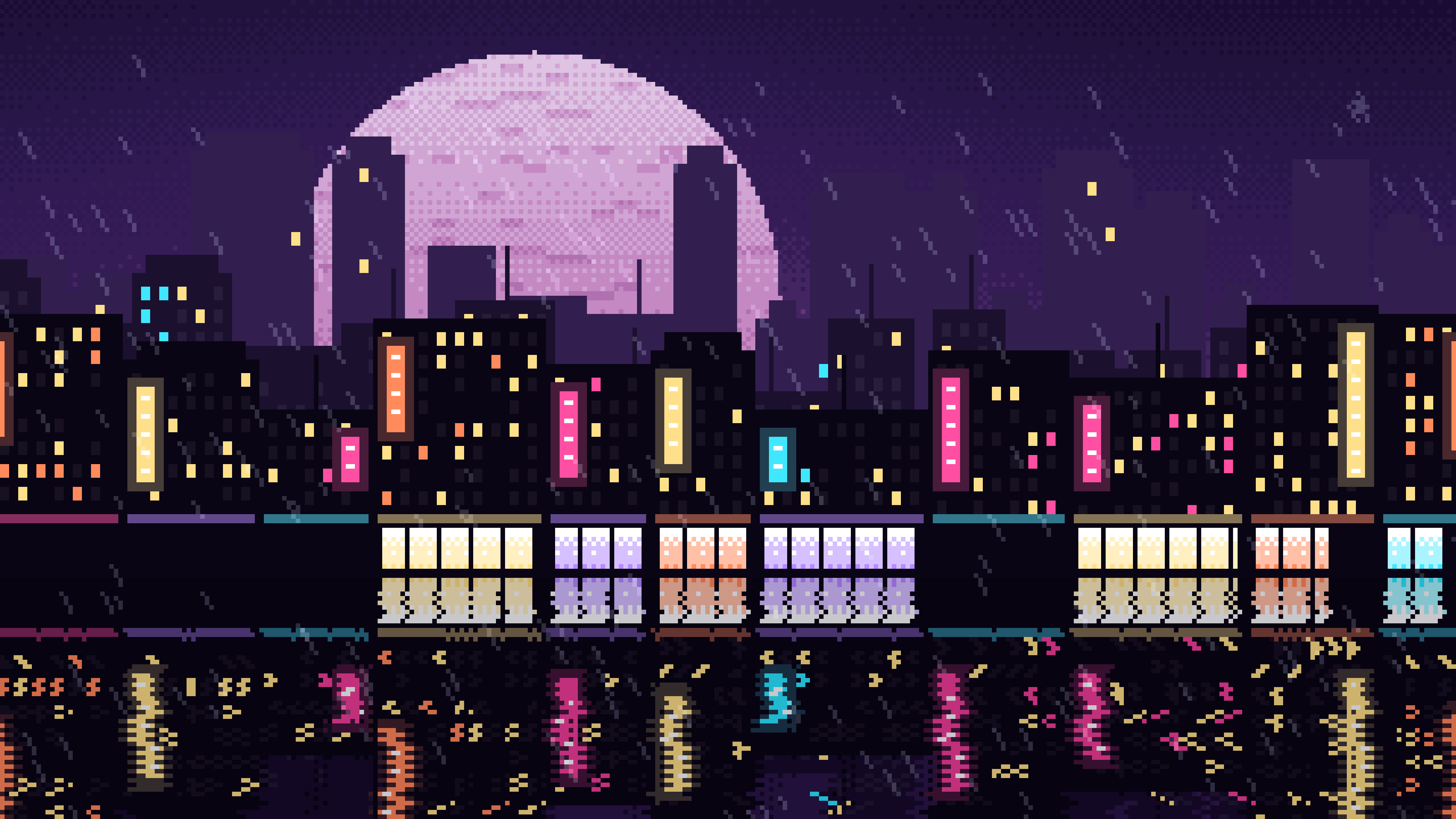 Dark Purple Pixel Art Rainy City desktop wallpaper in 4K