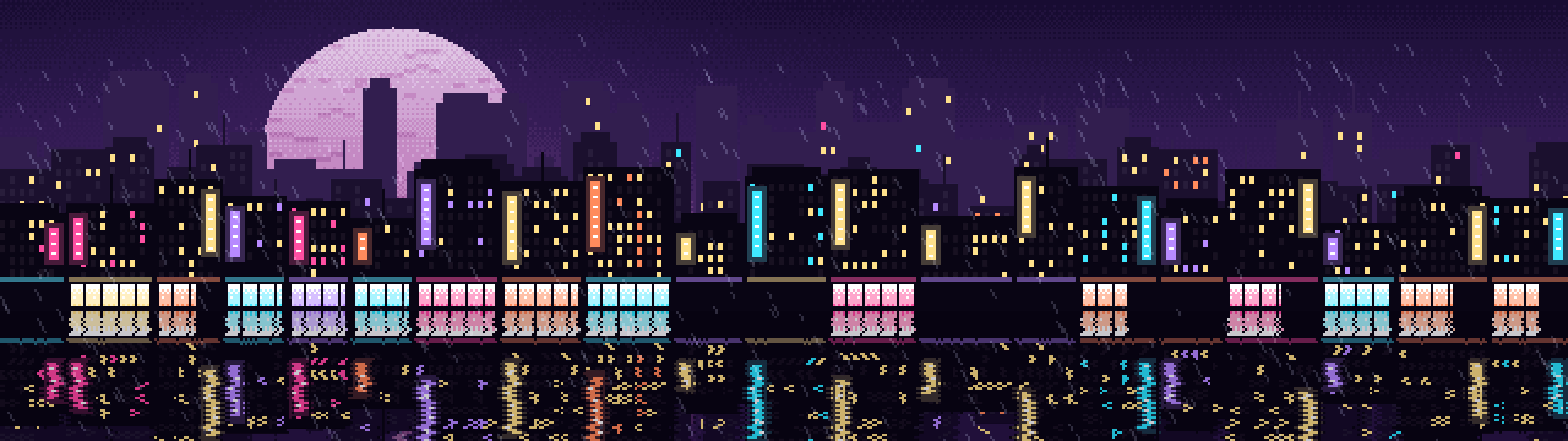 Dark Purple Pixel Art Rainy City dual monitor wallpaper, 7680 × 2160