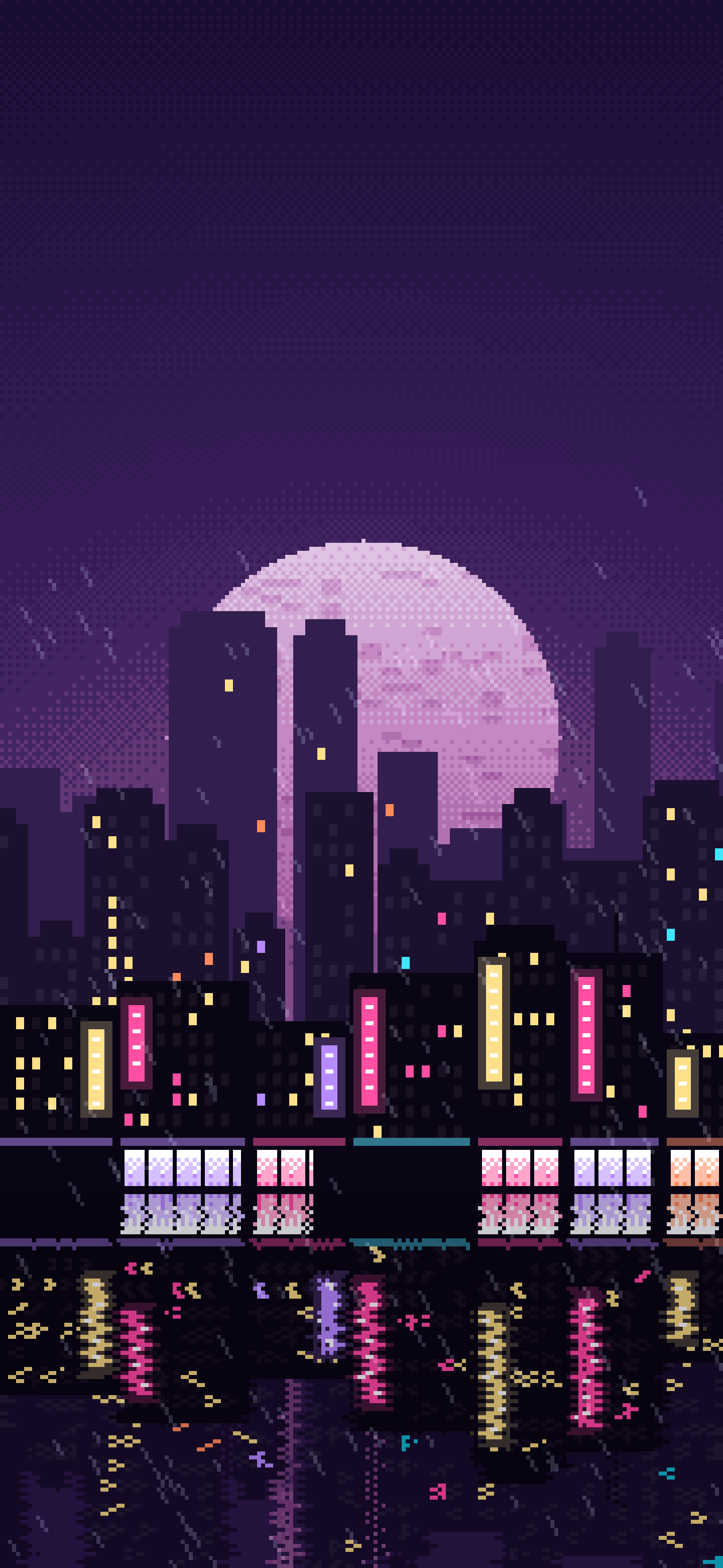 Dark Purple Pixel Art Rainy City wallpaper for iPhone and Android