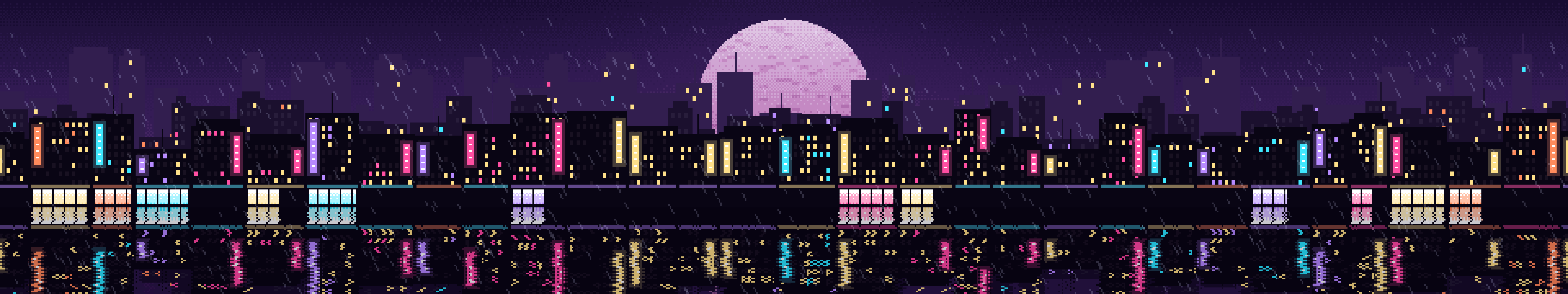 Dark Purple Pixel Art Rainy City triple monitor wallpaper, 7680 × 1440