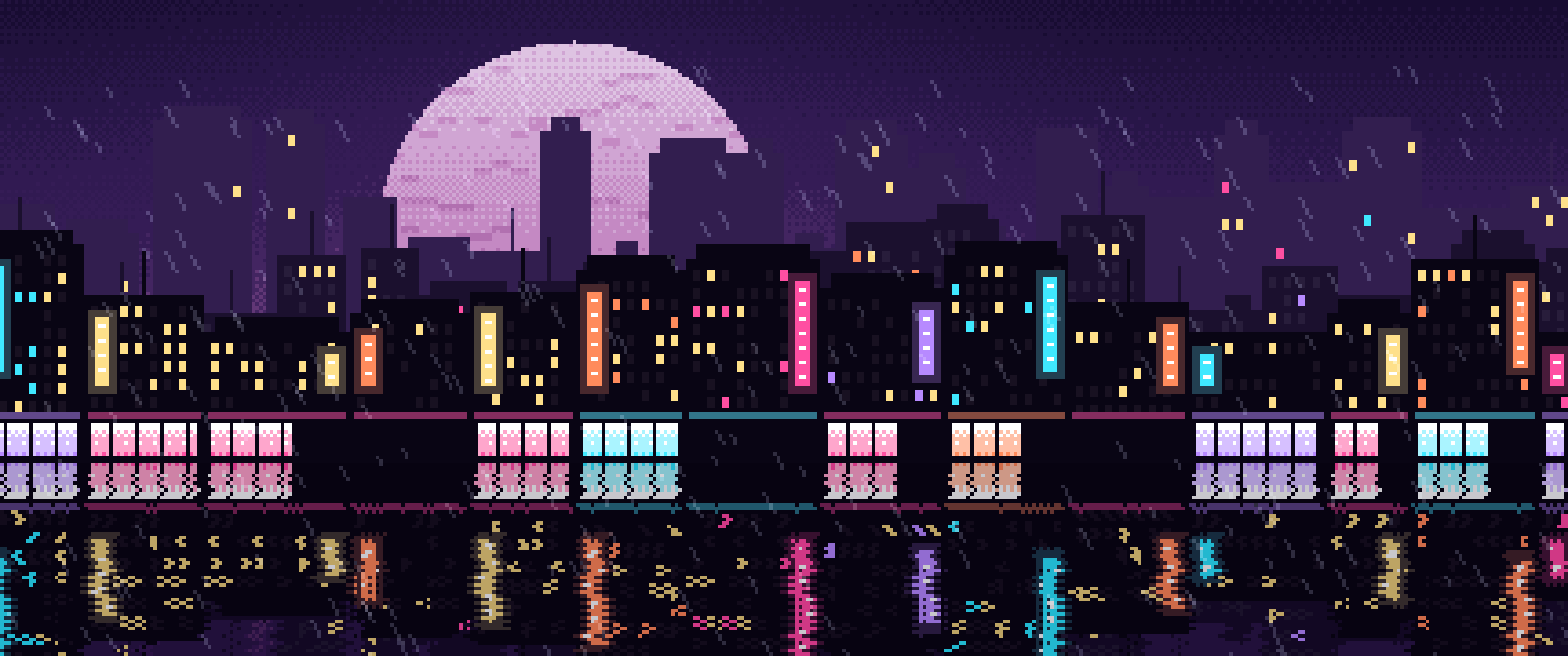 Dark Purple Pixel Art Rainy City ultrawide wallpaper, 3440 × 1440