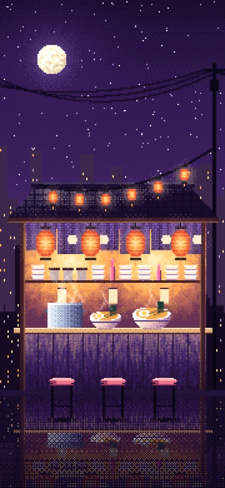 Dark Purple Pixel Art Ramen Stall at Night wallpaper for iPhone and Android