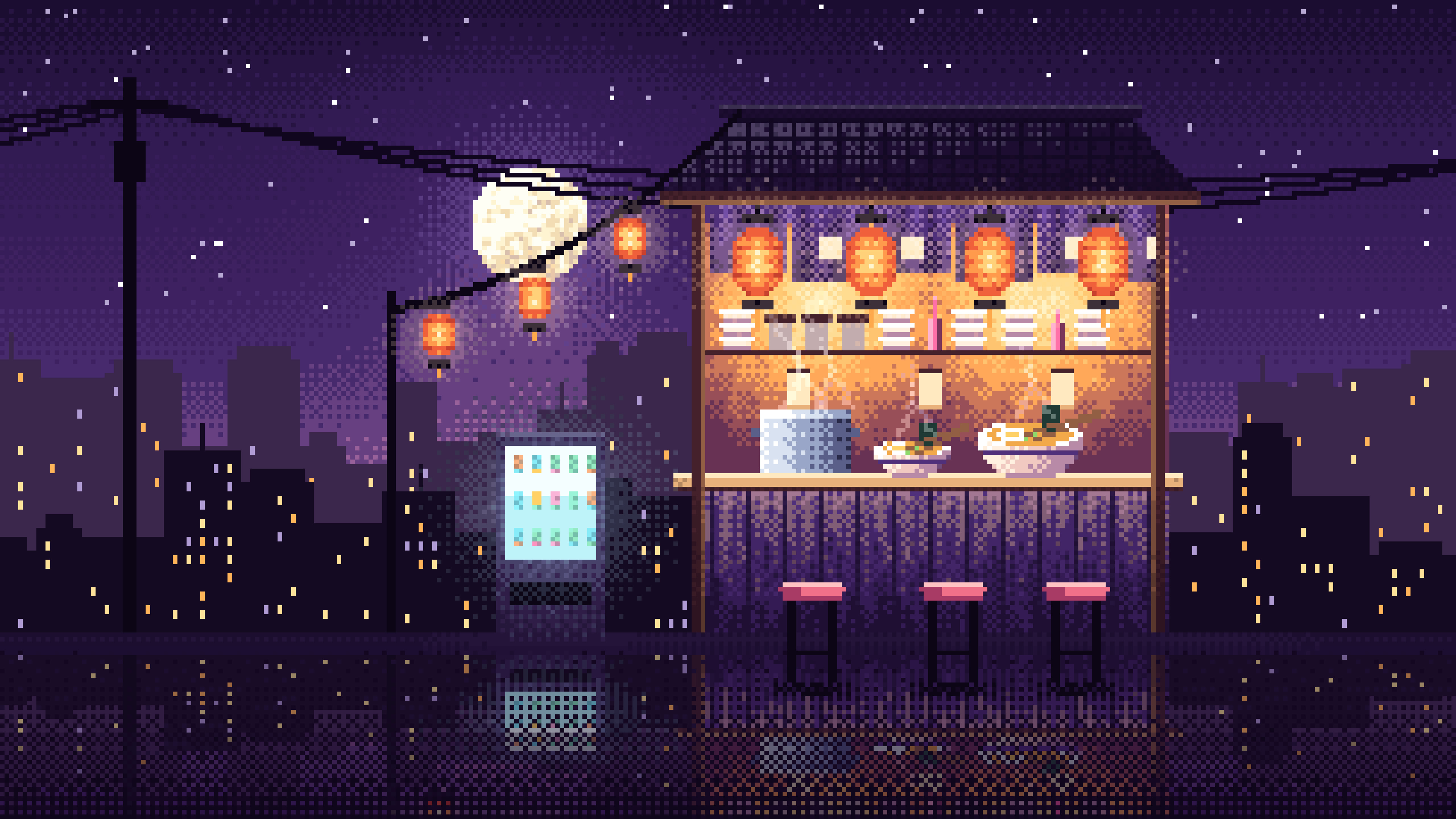 Dark Purple Pixel Art Ramen Stall at Night desktop wallpaper in 4K