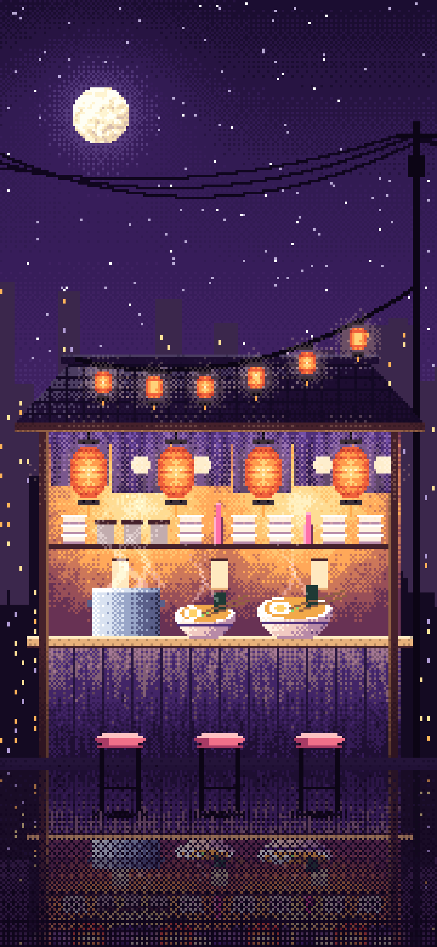 Dark Purple Pixel Art Ramen Stall at Night wallpaper for iPhone and Android