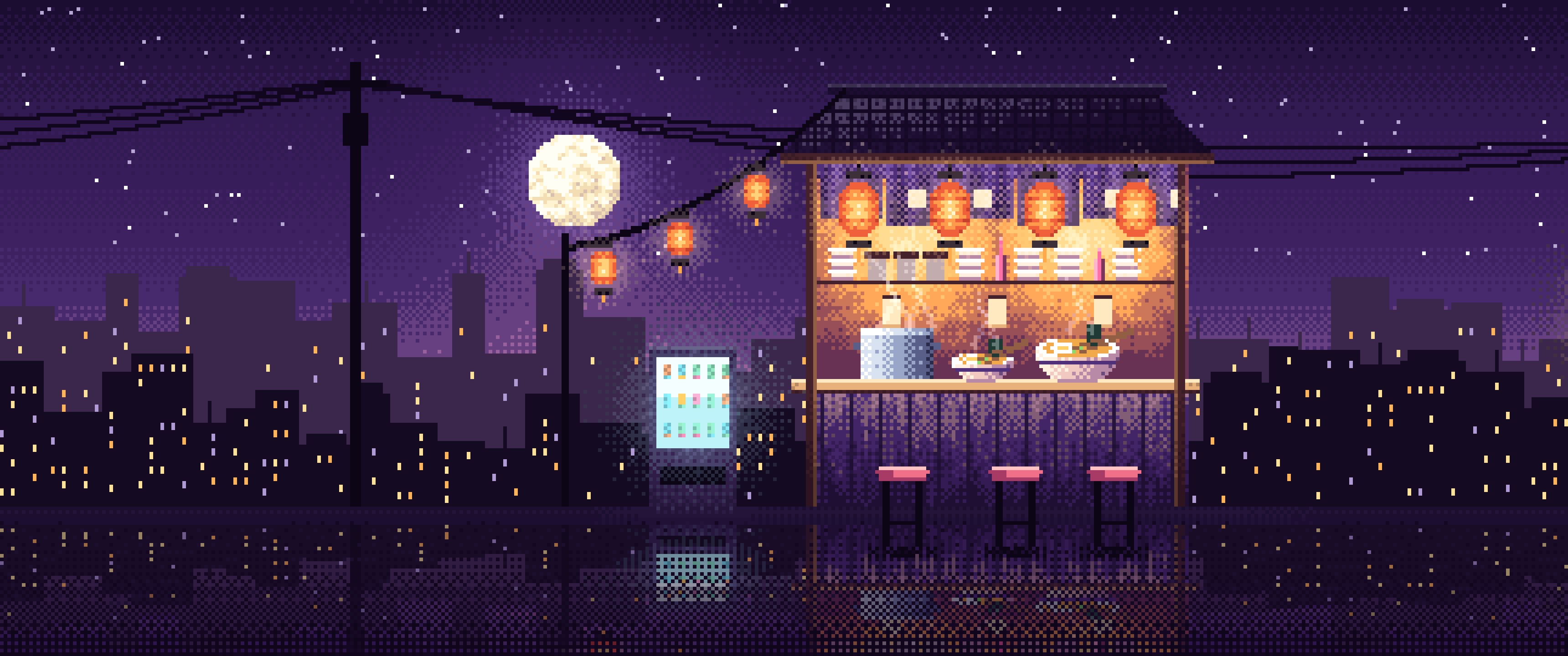 Dark Purple Pixel Art Ramen Stall at Night ultrawide wallpaper, 3440 × 1440