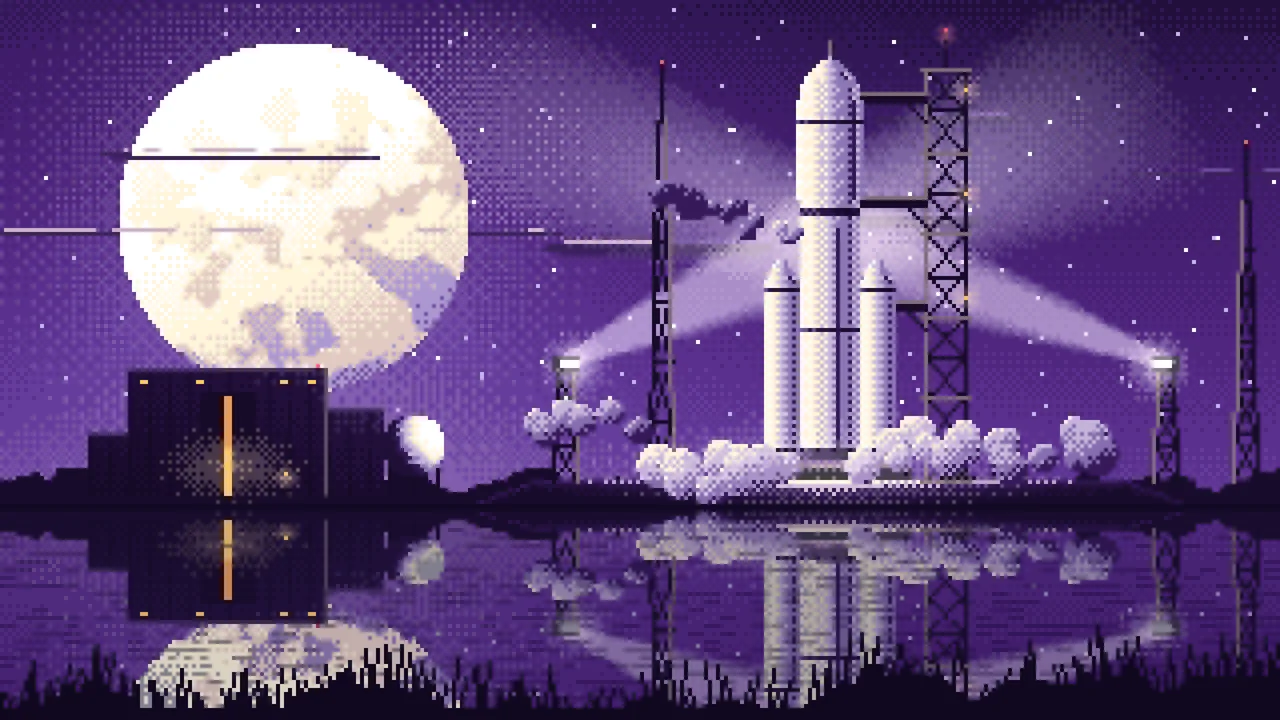 Dark Purple Pixel Art Rocket on the Launch Pad at Night desktop wallpaper in 4K