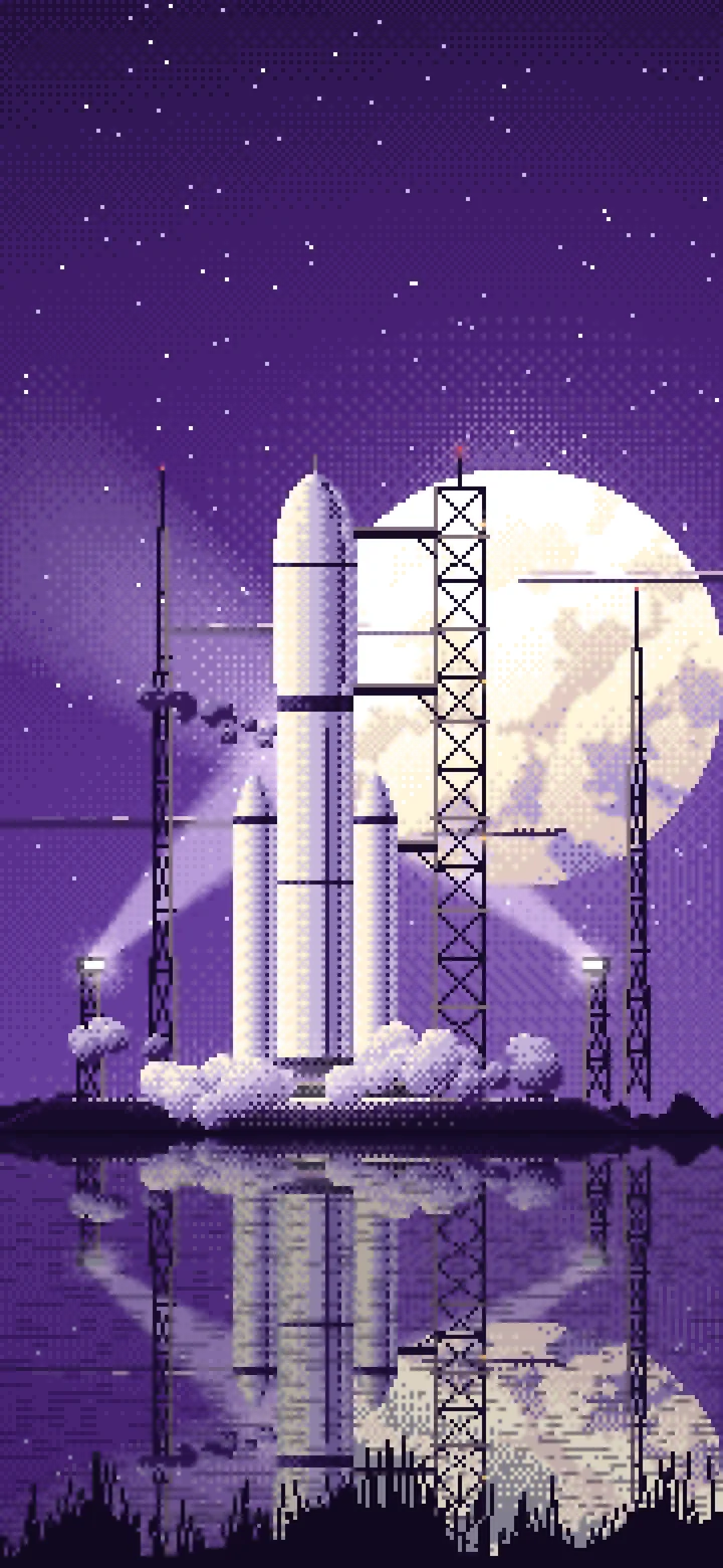 Dark Purple Pixel Art Rocket on the Launch Pad at Night wallpaper for iPhone and Android