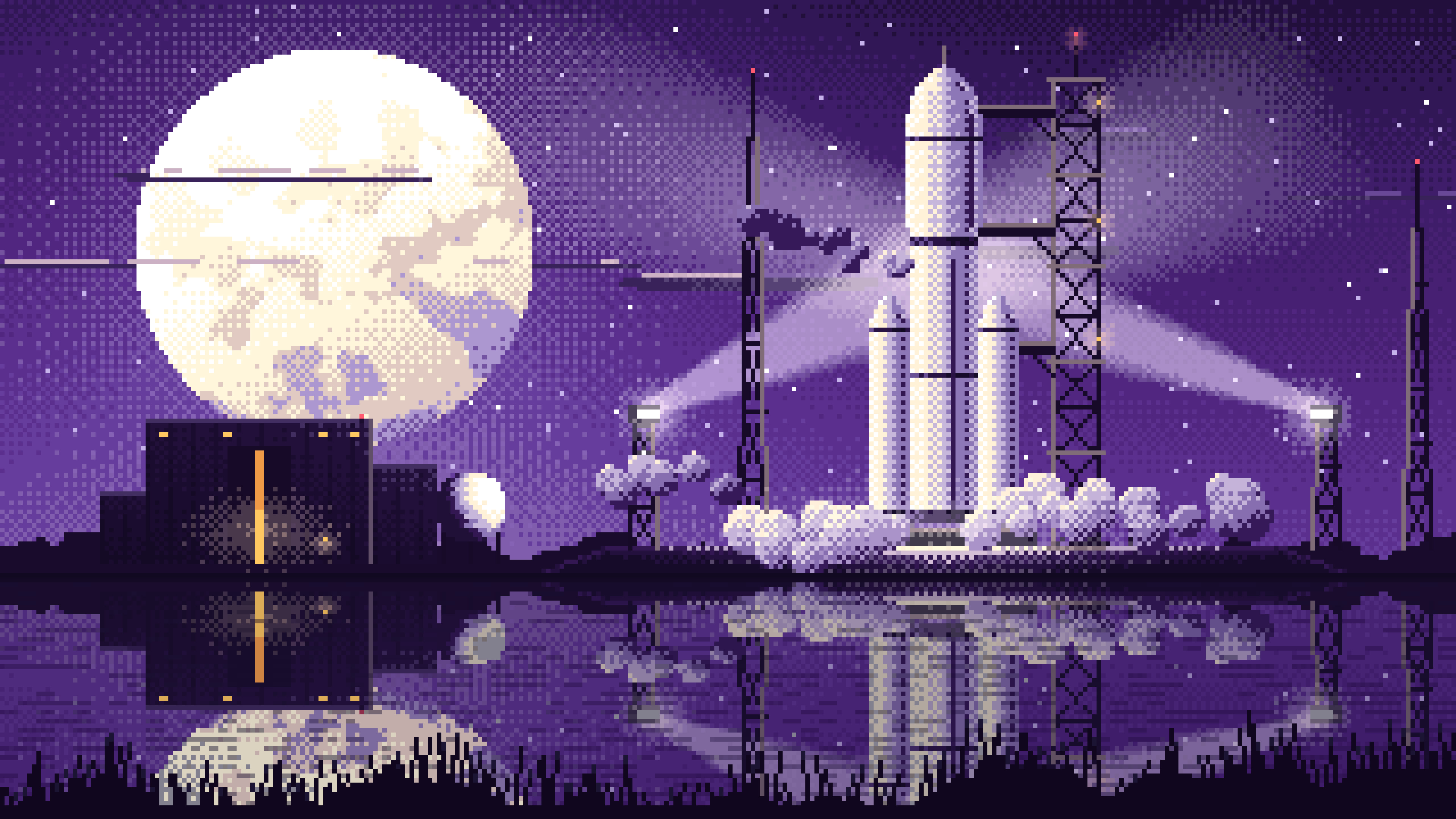 Dark Purple Pixel Art Rocket on the Launch Pad at Night desktop wallpaper in 4K