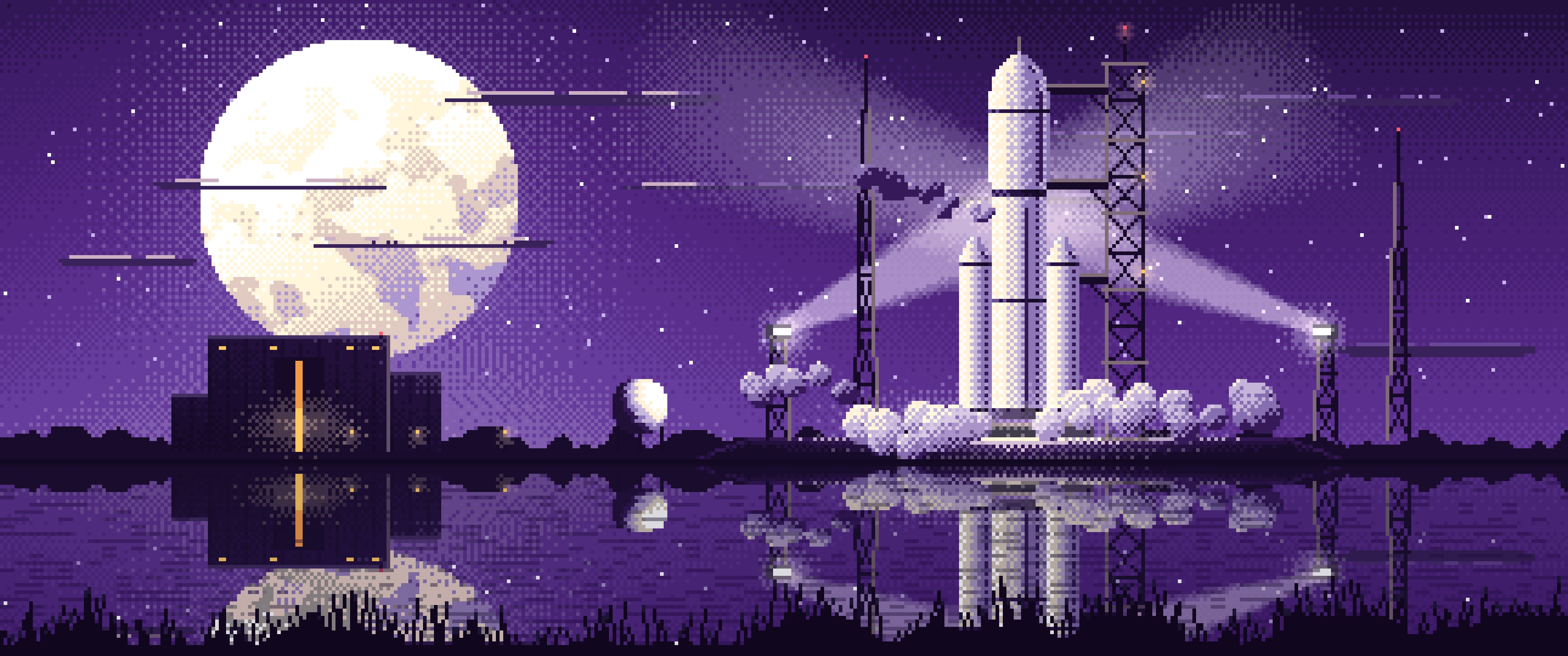 Dark Purple Pixel Art Rocket on the Launch Pad at Night ultrawide wallpaper, 3440 × 1440