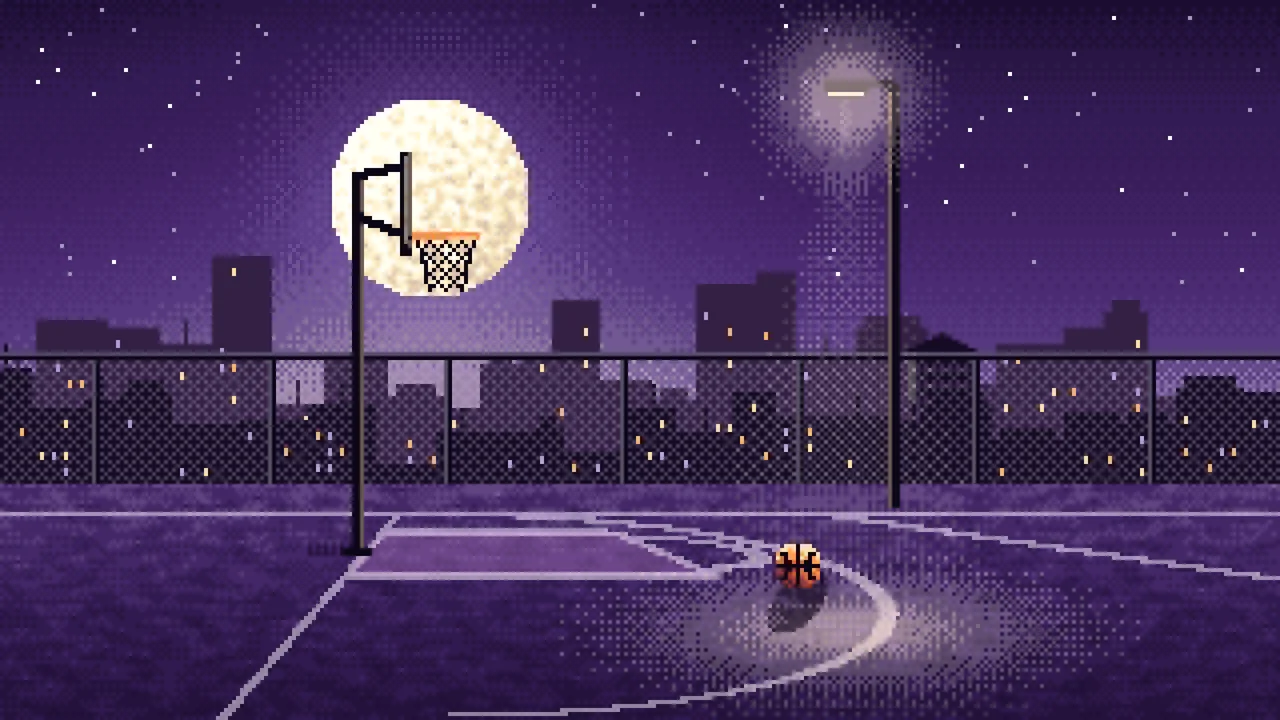 Dark Purple Pixel Art Rooftop Basketball Court desktop wallpaper in 4K