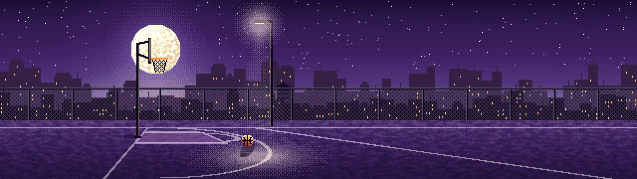 Dark Purple Pixel Art Rooftop Basketball Court dual monitor wallpaper, 7680 × 2160