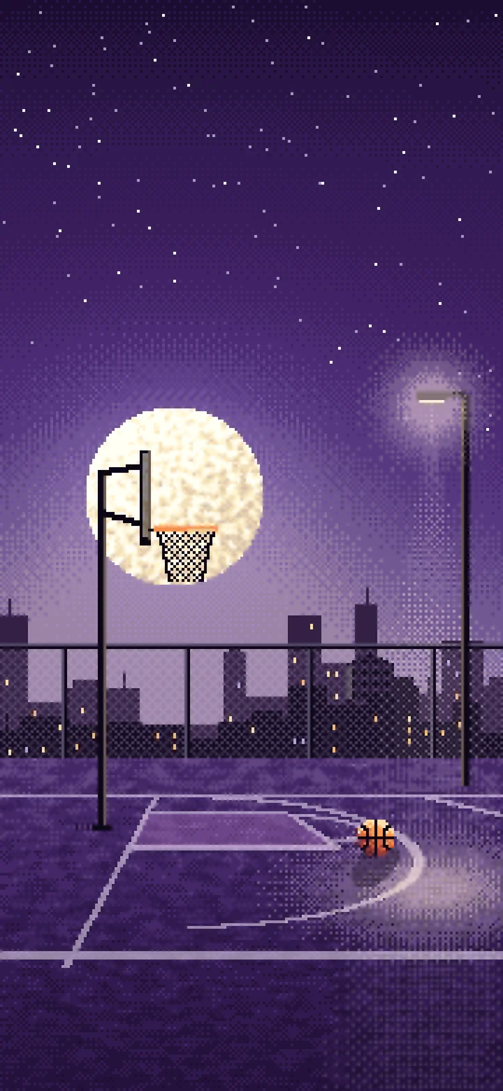 Dark Purple Pixel Art Rooftop Basketball Court wallpaper for iPhone and Android
