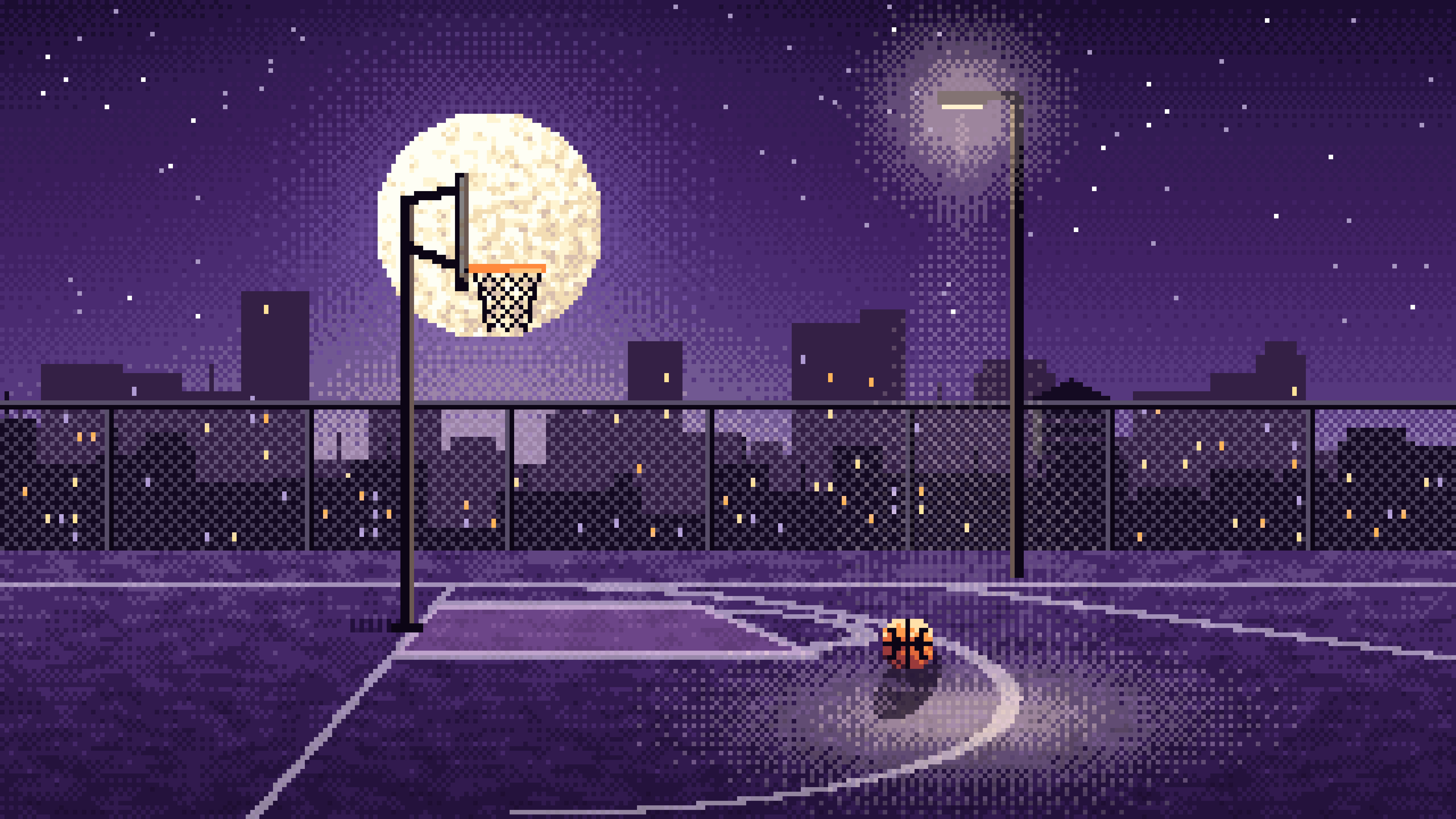 Dark Purple Pixel Art Rooftop Basketball Court desktop wallpaper in 4K