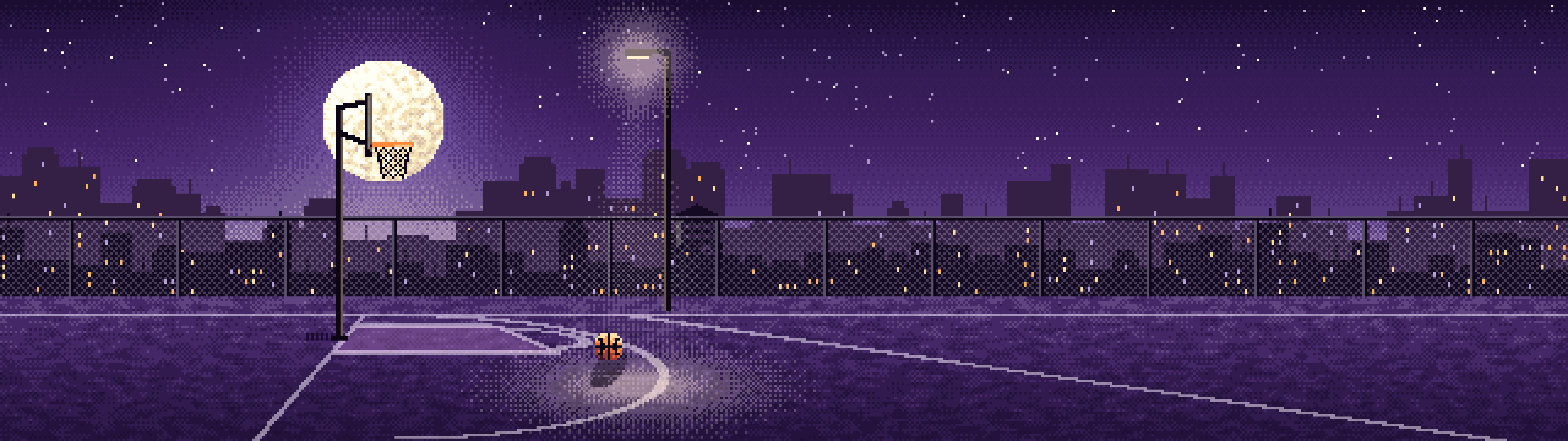 Dark Purple Pixel Art Rooftop Basketball Court dual monitor wallpaper, 7680 × 2160