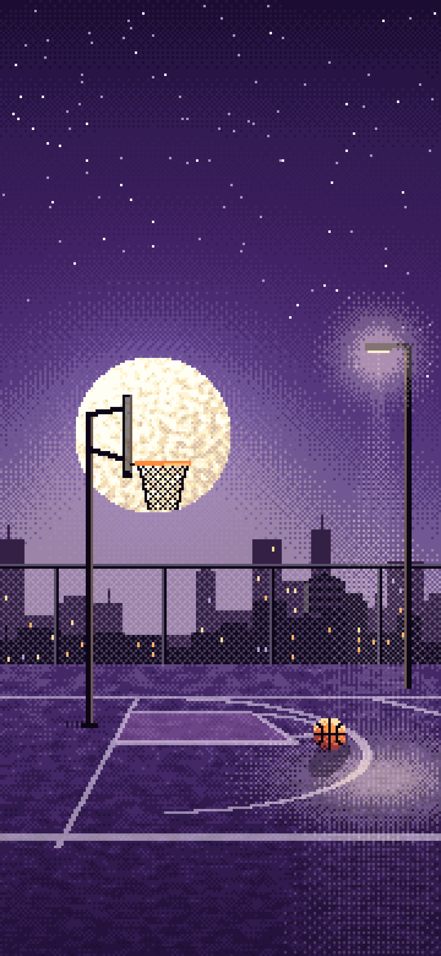 Dark Purple Pixel Art Rooftop Basketball Court wallpaper for iPhone and Android