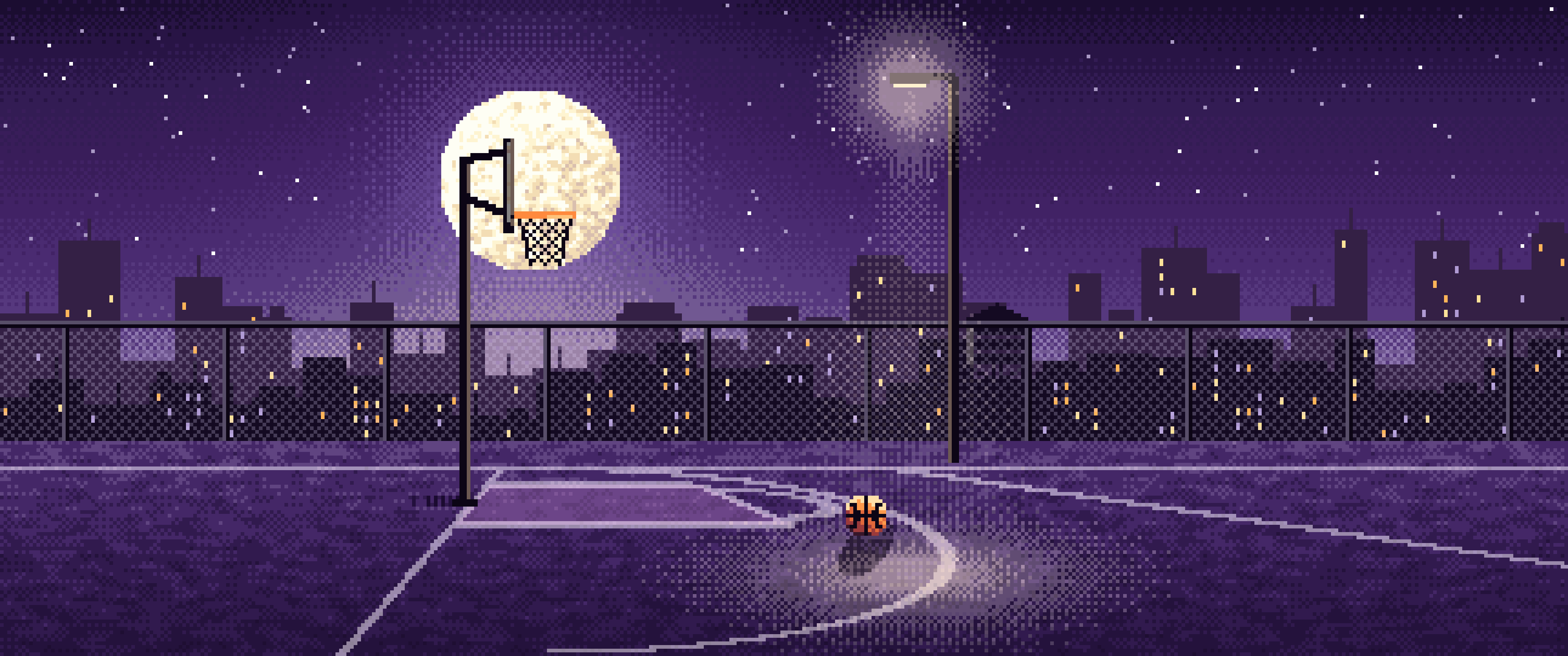 Dark Purple Pixel Art Rooftop Basketball Court ultrawide wallpaper, 3440 × 1440