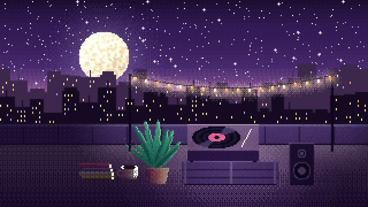 Dark Purple Pixel Art Rooftop Record Player desktop wallpaper in 4K