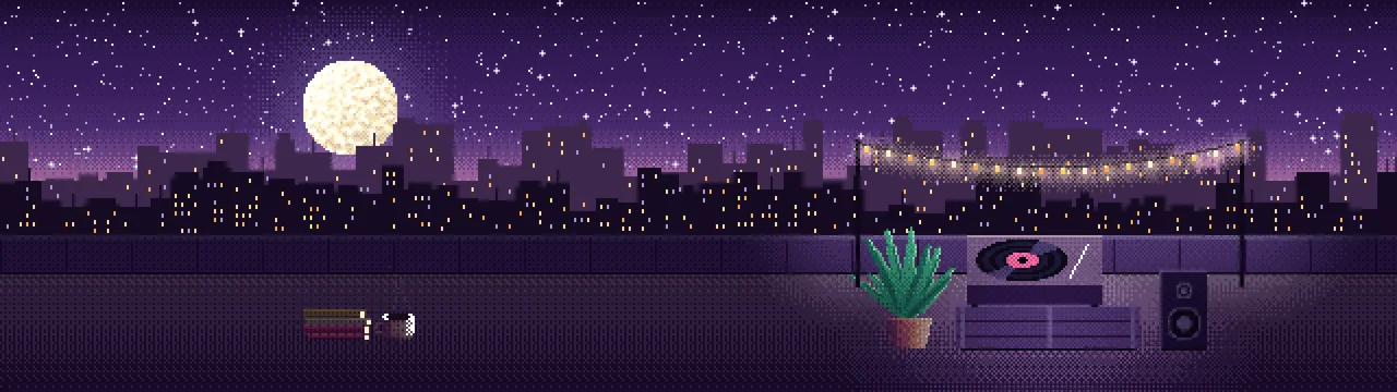 Dark Purple Pixel Art Rooftop Record Player dual monitor wallpaper, 7680 × 2160