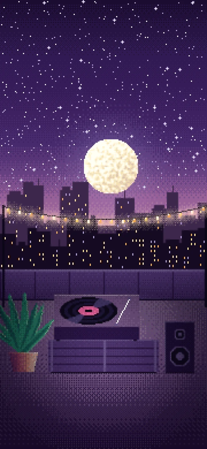 Dark Purple Pixel Art Rooftop Record Player wallpaper for iPhone and Android