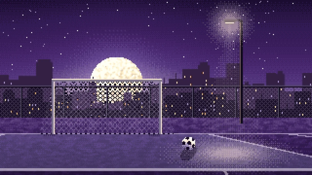Dark Purple Pixel Art Rooftop Soccer Pitch desktop wallpaper in 4K
