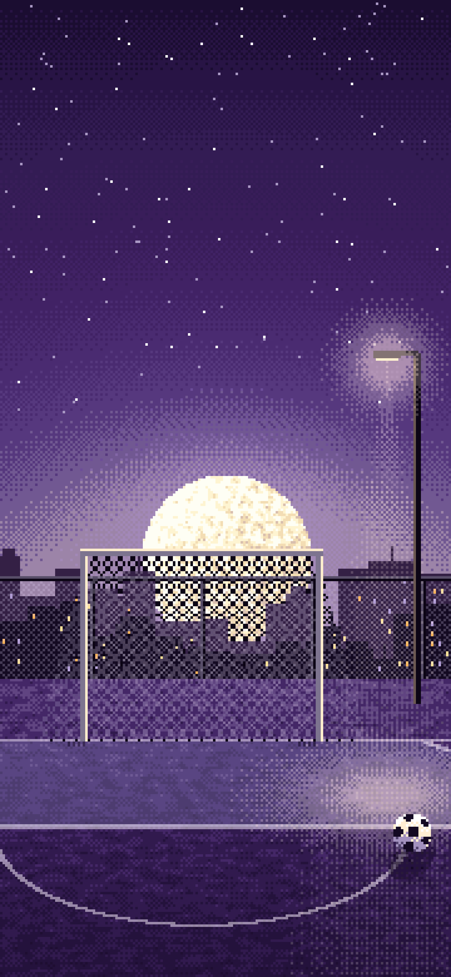 Dark Purple Pixel Art Rooftop Soccer Pitch wallpaper for iPhone and Android