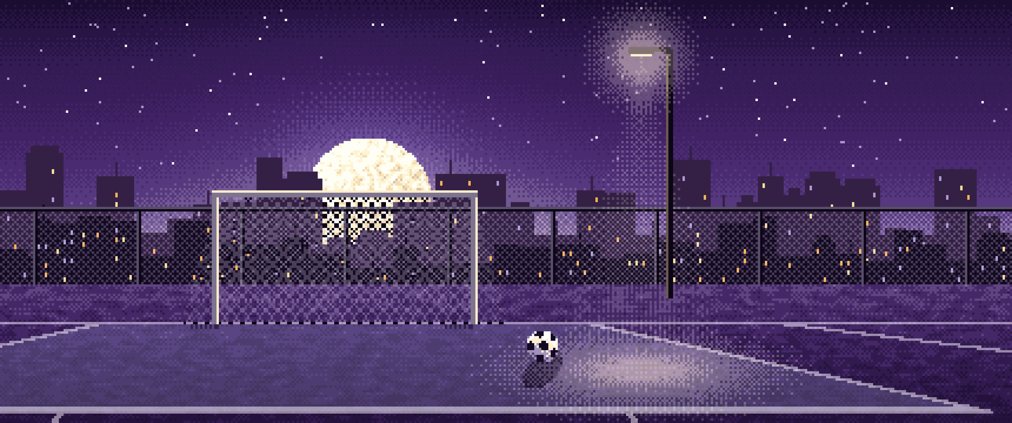 Dark Purple Pixel Art Rooftop Soccer Pitch ultrawide wallpaper, 3440 × 1440