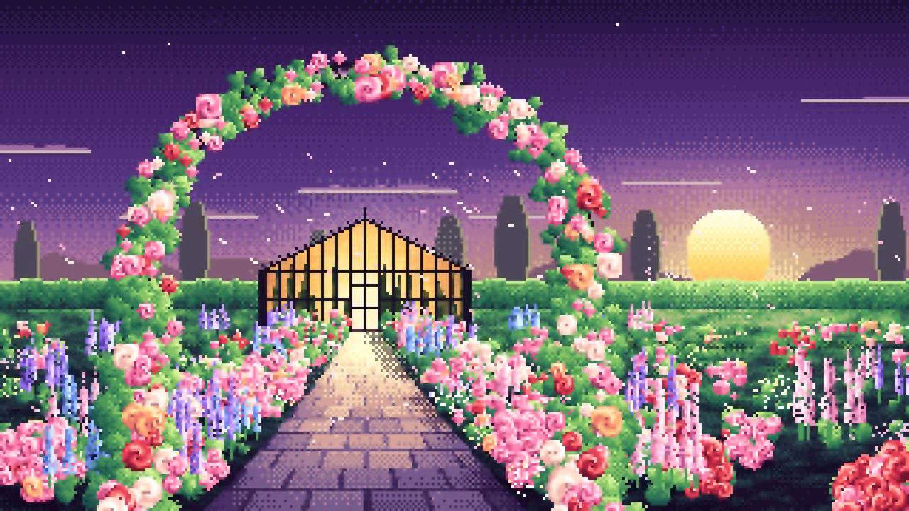Dark Purple Pixel Art Rose Garden at Sunset desktop wallpaper in 4K