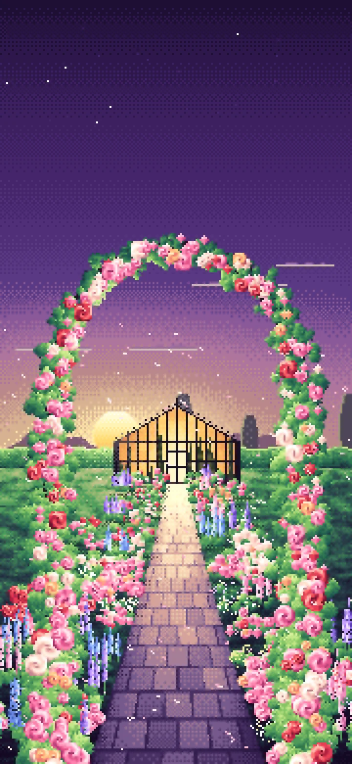 Dark Purple Pixel Art Rose Garden at Sunset wallpaper for iPhone and Android