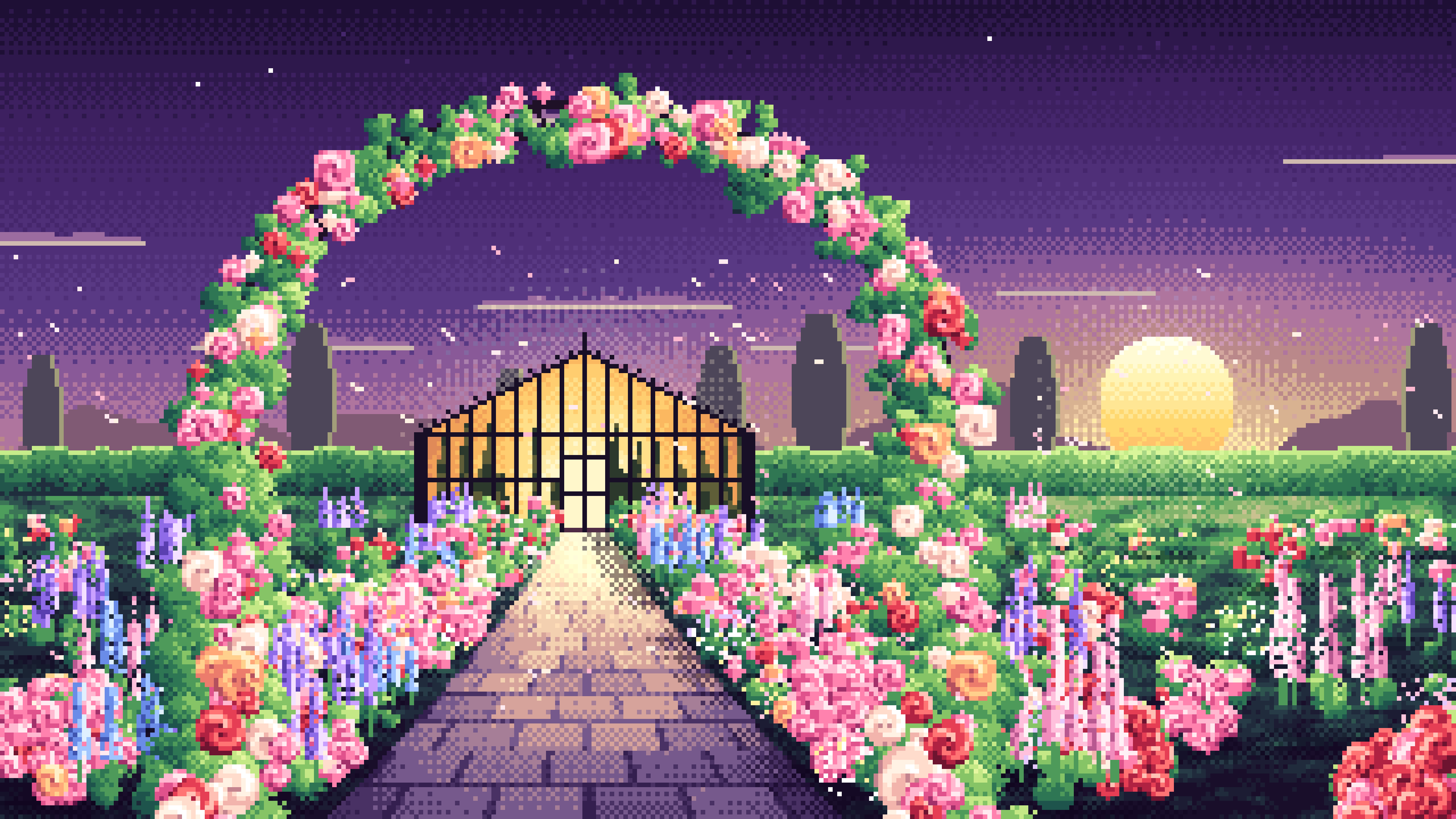 Dark Purple Pixel Art Rose Garden at Sunset desktop wallpaper in 4K