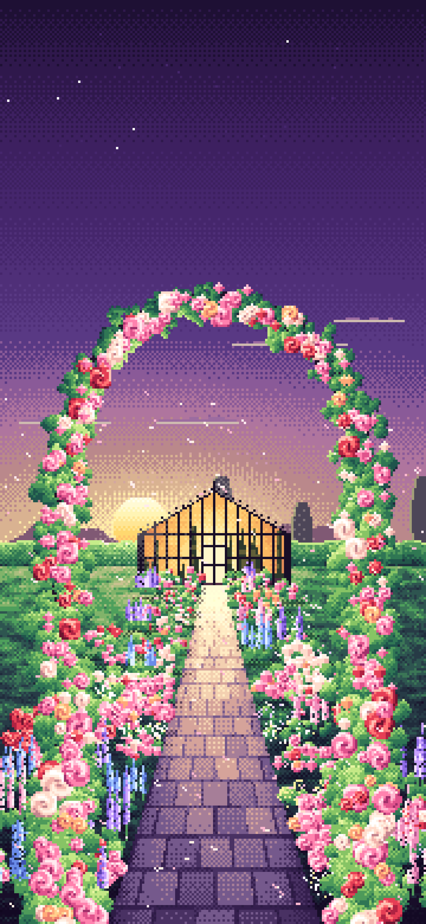 Dark Purple Pixel Art Rose Garden at Sunset wallpaper for iPhone and Android