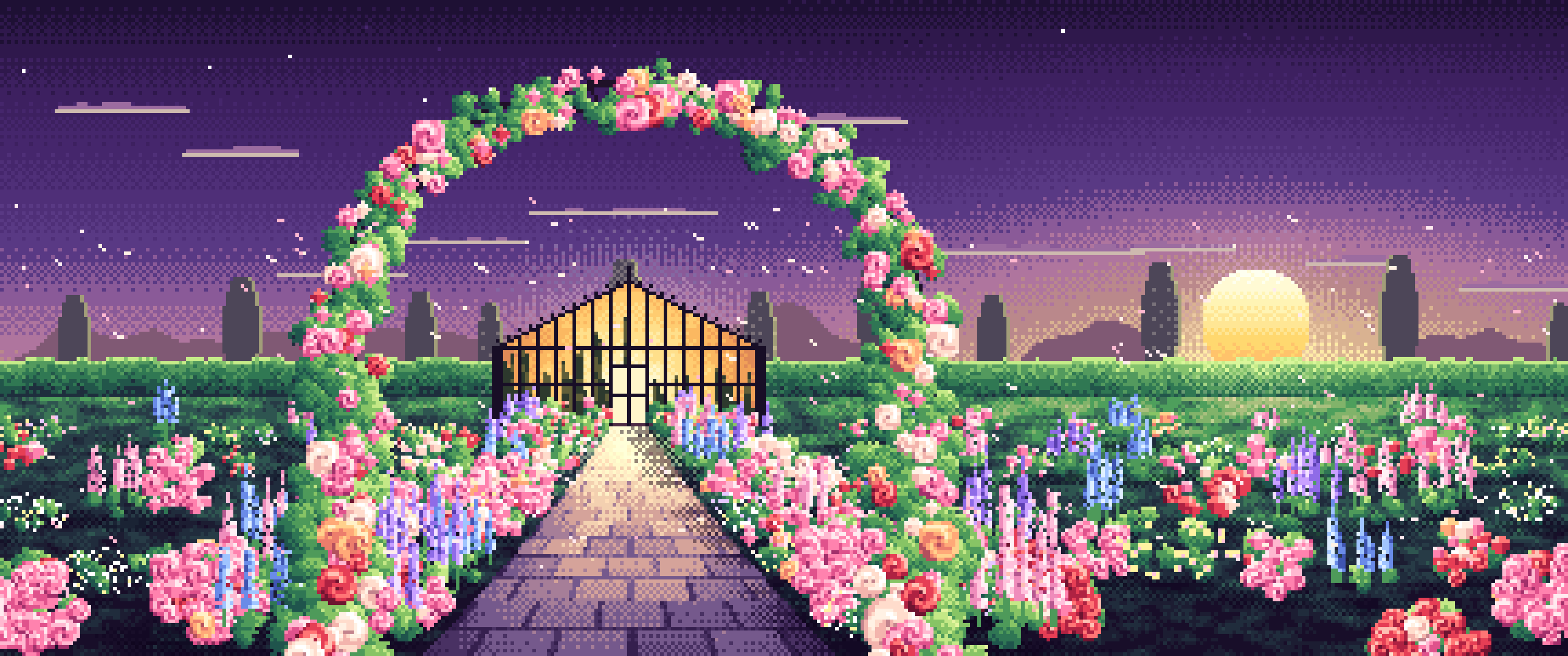 Dark Purple Pixel Art Rose Garden at Sunset ultrawide wallpaper, 3440 × 1440