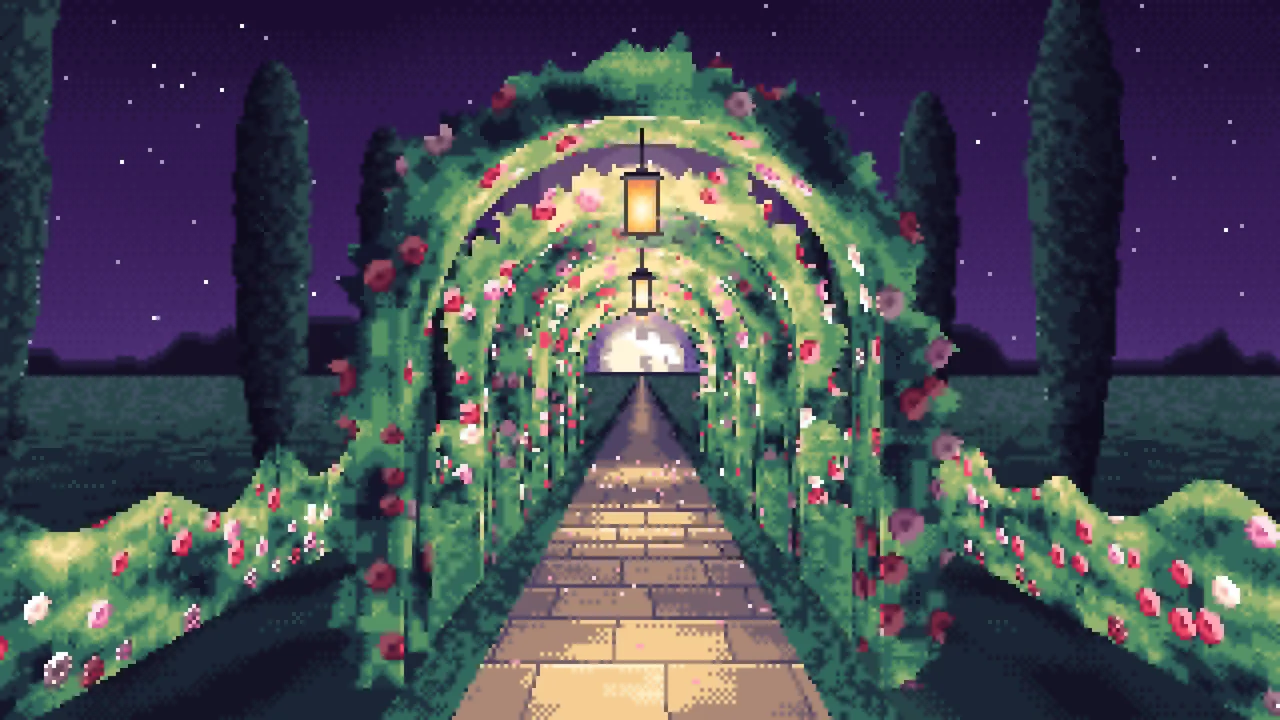 Dark Purple Pixel Art Rose Tunnel by Lantern Light desktop wallpaper in 4K