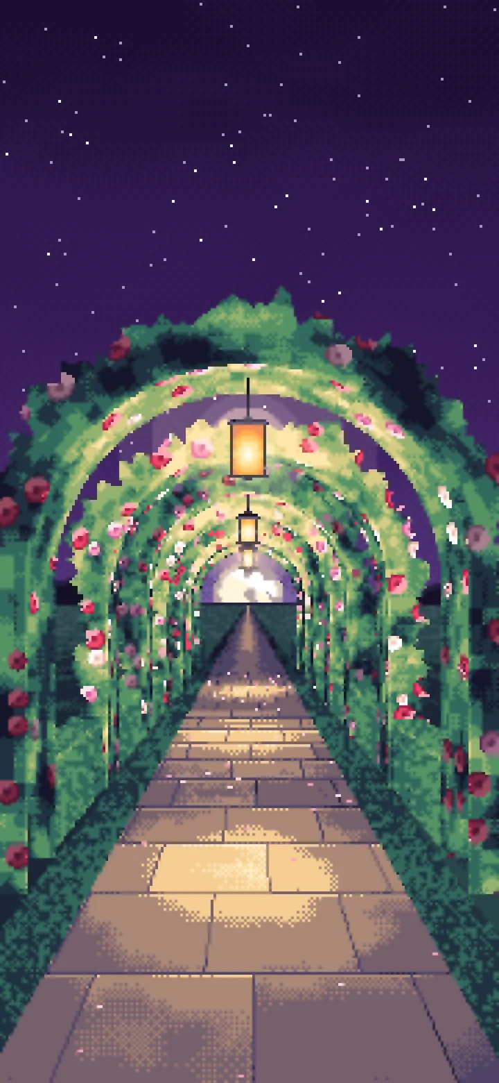 Dark Purple Pixel Art Rose Tunnel by Lantern Light wallpaper for iPhone and Android