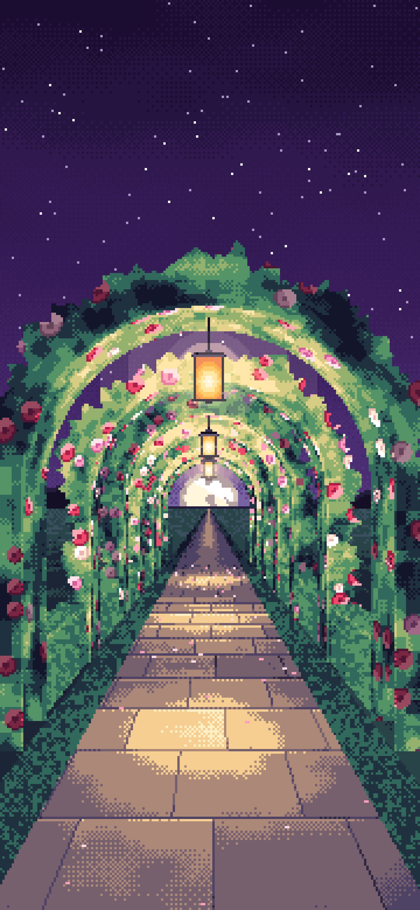 Dark Purple Pixel Art Rose Tunnel by Lantern Light wallpaper for iPhone and Android