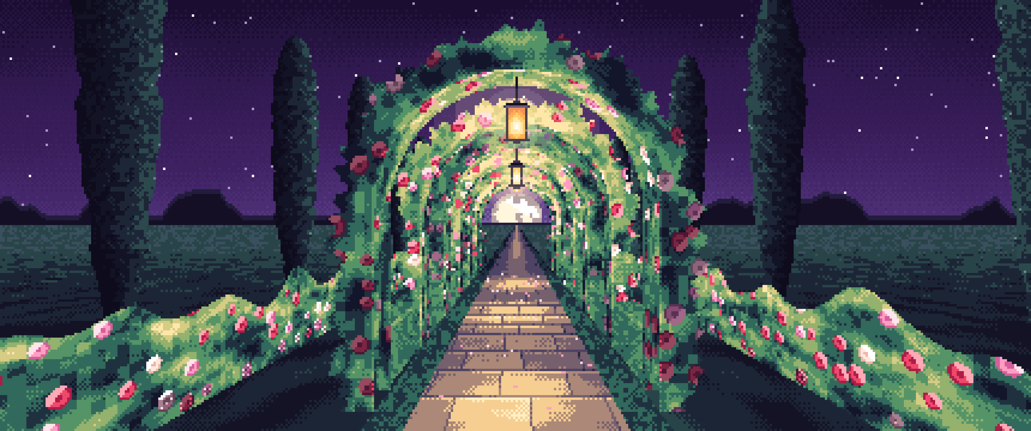 Dark Purple Pixel Art Rose Tunnel by Lantern Light ultrawide wallpaper, 3440 × 1440