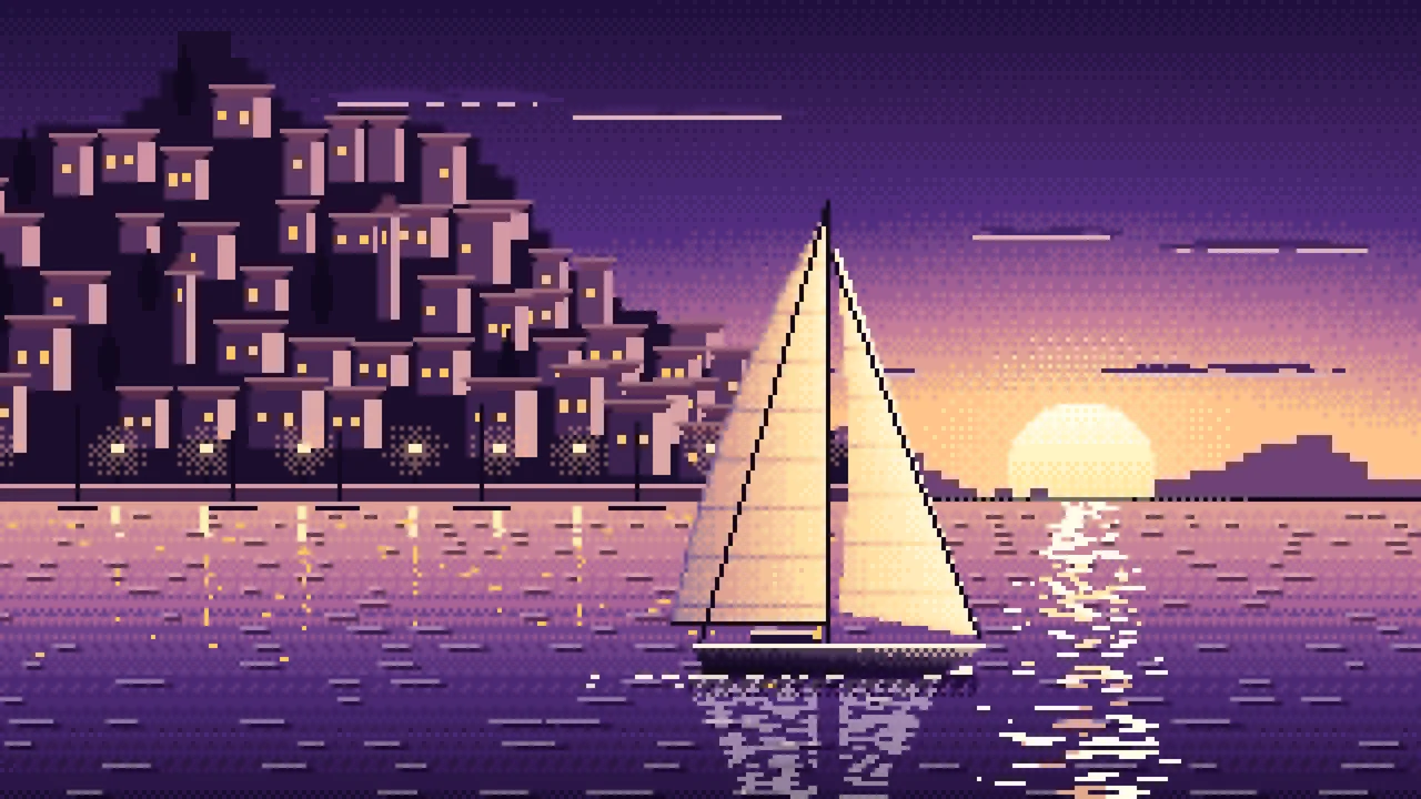 Dark Purple Pixel Art Sailboat at Sunset by a Harbor Town desktop wallpaper in 4K