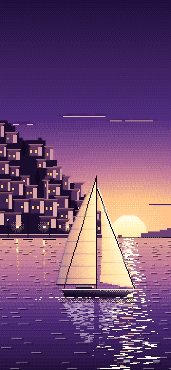 Dark Purple Pixel Art Sailboat at Sunset by a Harbor Town wallpaper for iPhone and Android
