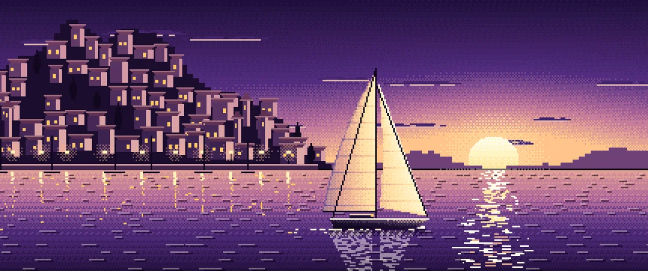Dark Purple Pixel Art Sailboat at Sunset by a Harbor Town ultrawide wallpaper, 3440 × 1440