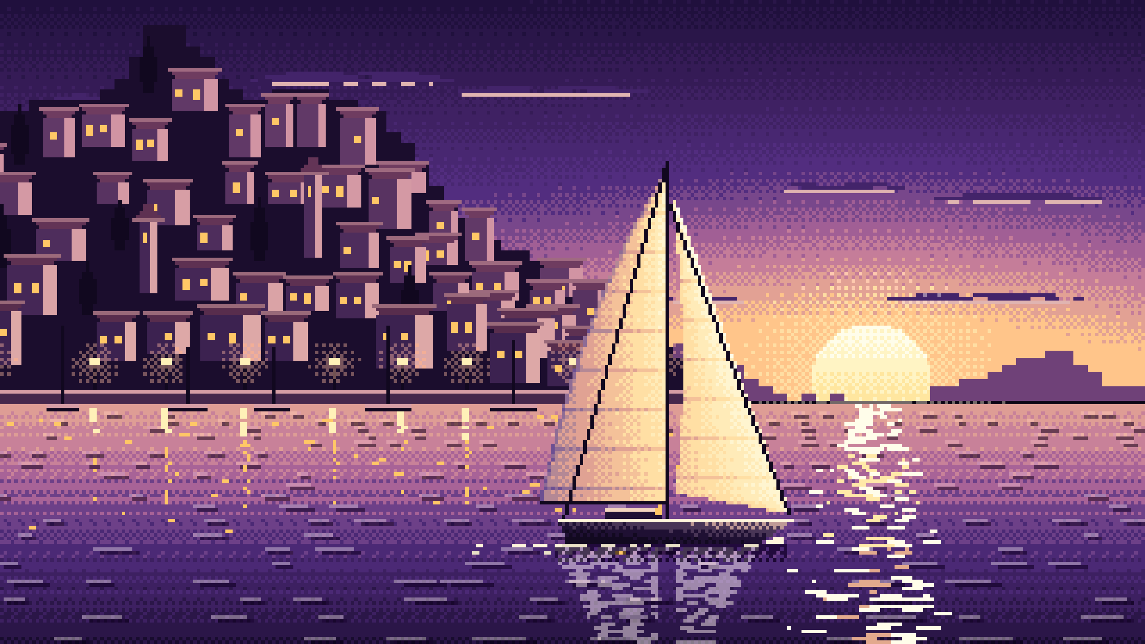 Dark Purple Pixel Art Sailboat at Sunset by a Harbor Town desktop wallpaper in 4K