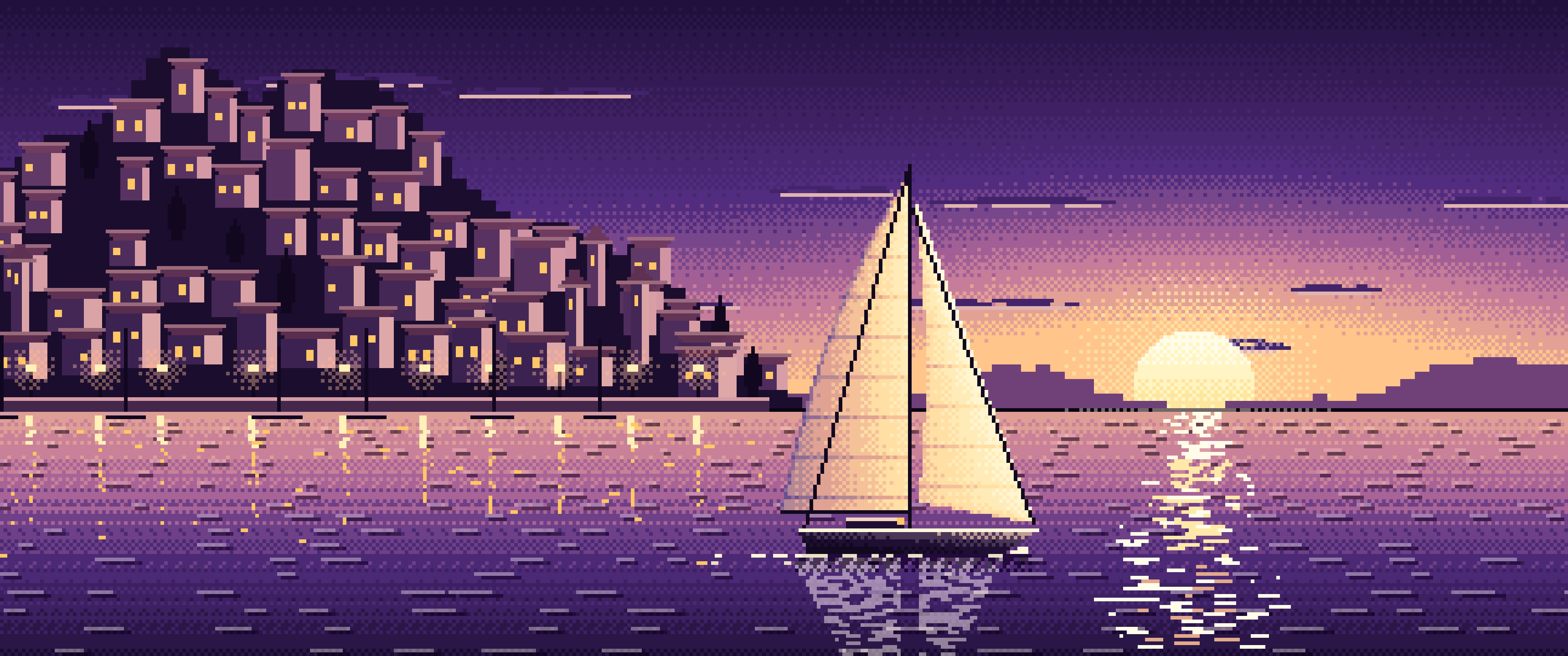 Dark Purple Pixel Art Sailboat at Sunset by a Harbor Town ultrawide wallpaper, 3440 × 1440