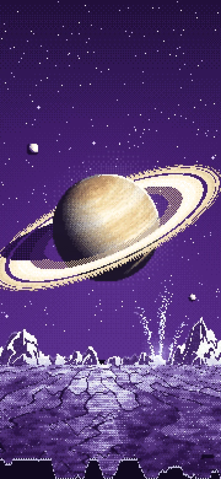Dark Purple Pixel Art Saturn Over an Icy World wallpaper for iPhone and Android