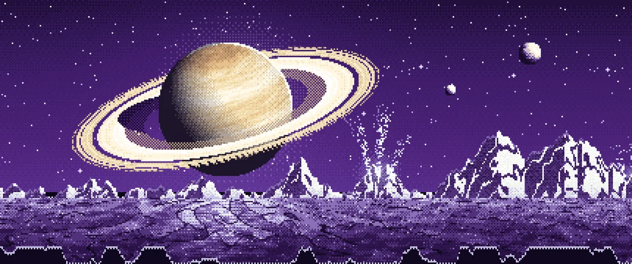Dark Purple Pixel Art Saturn Over an Icy World ultrawide wallpaper, 3440 × 1440