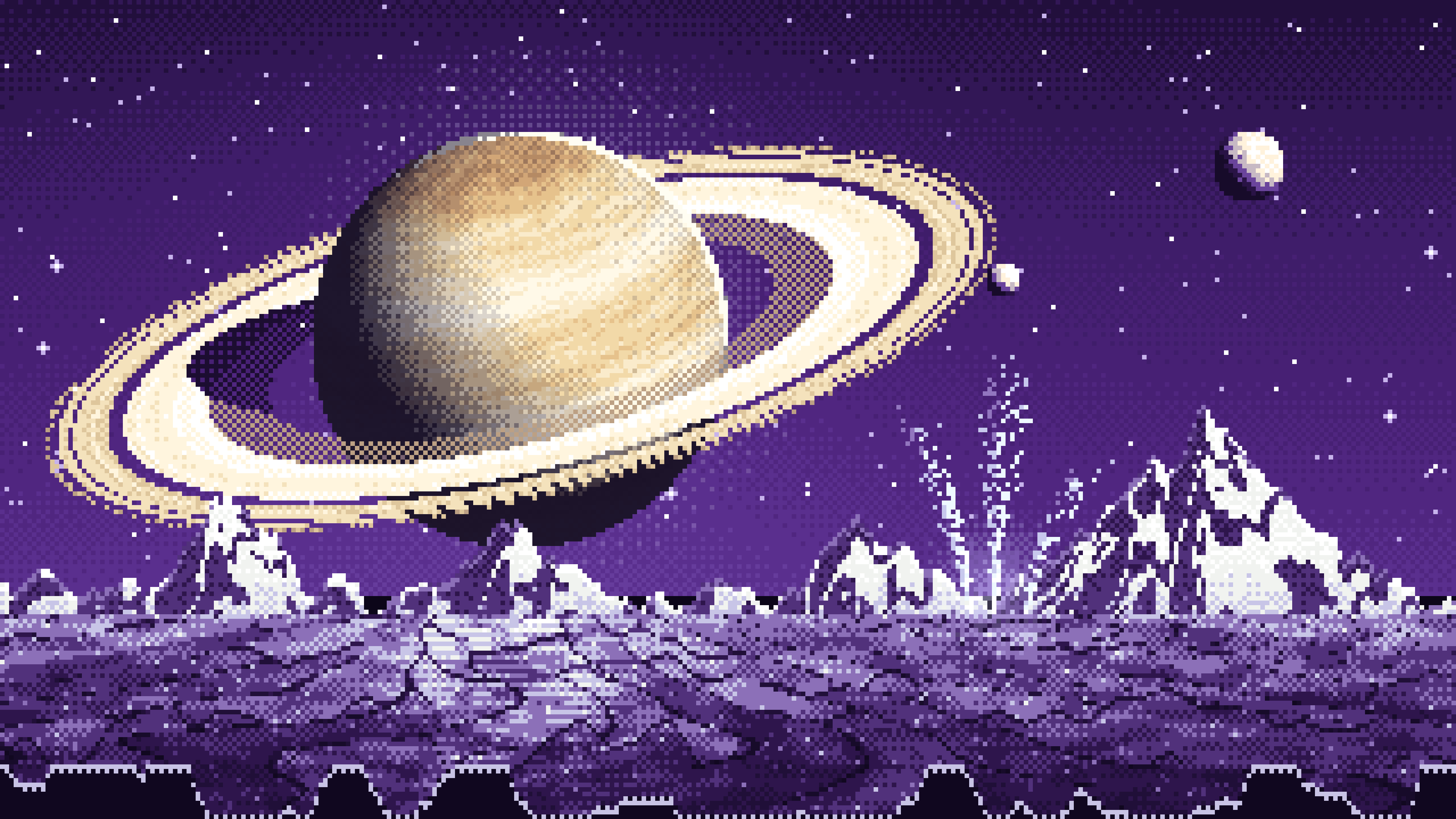 Dark Purple Pixel Art Saturn Over an Icy World desktop wallpaper in 4K