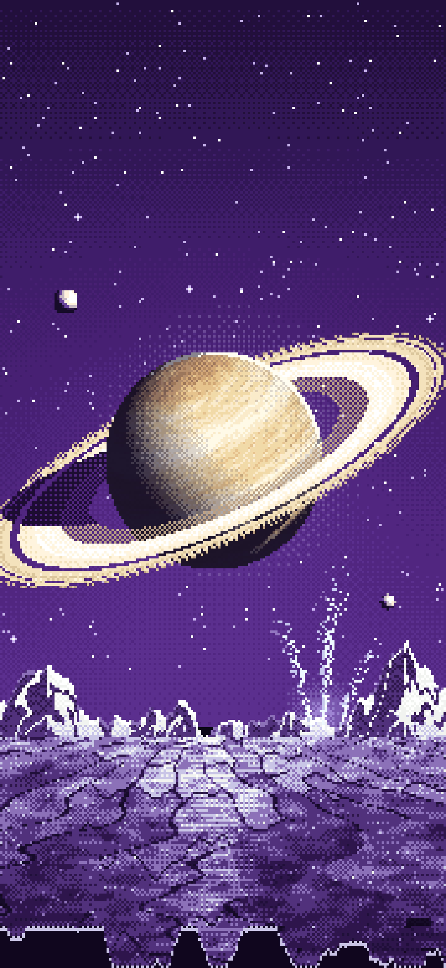 Dark Purple Pixel Art Saturn Over an Icy World wallpaper for iPhone and Android