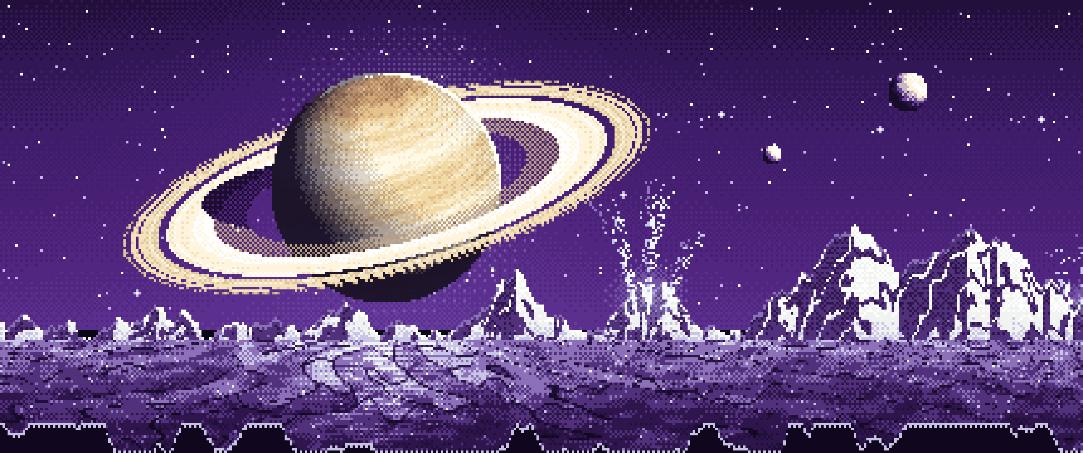 Dark Purple Pixel Art Saturn Over an Icy World ultrawide wallpaper, 3440 × 1440