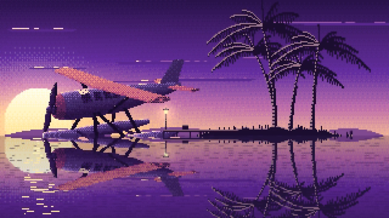 Dark Purple Pixel Art Seaplane at a Tropical Dock desktop wallpaper in 4K