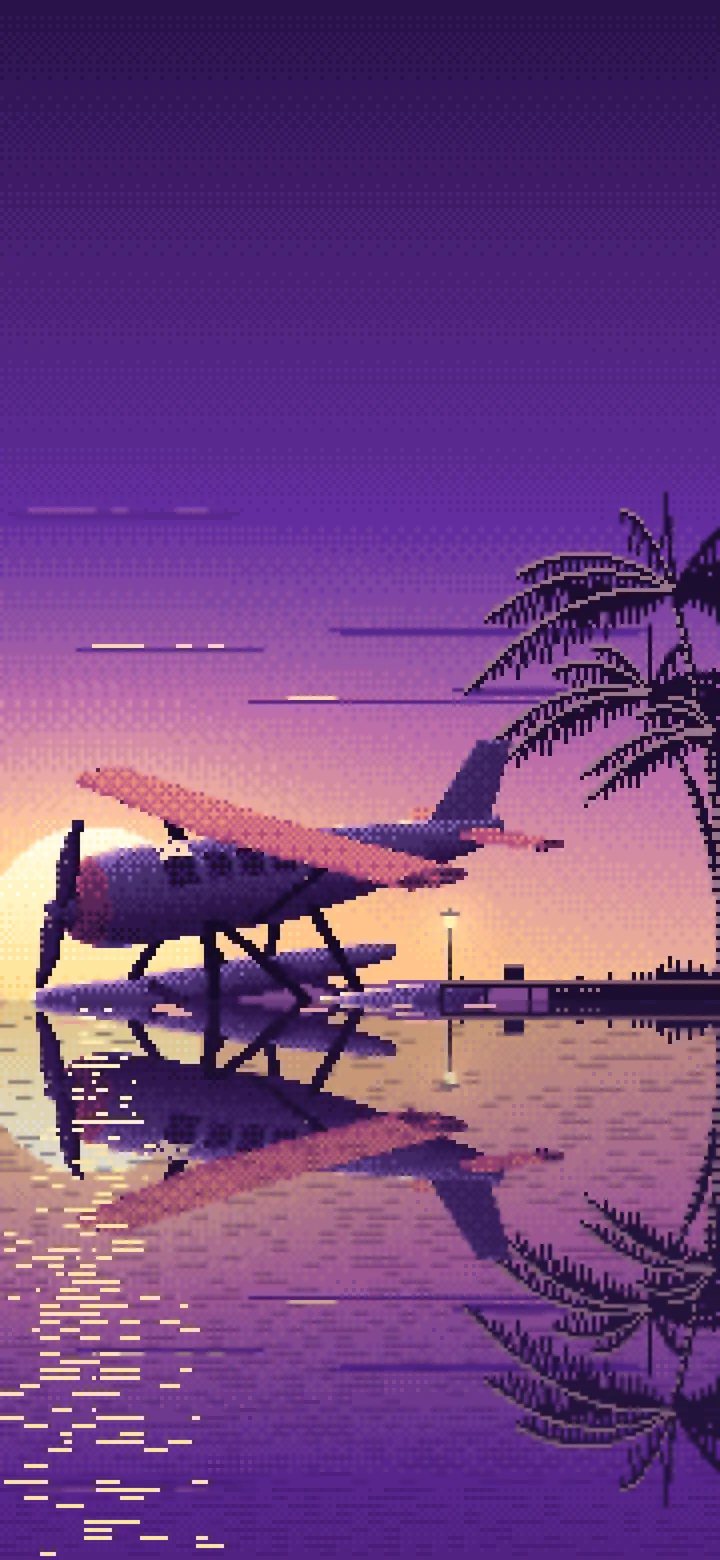 Dark Purple Pixel Art Seaplane at a Tropical Dock wallpaper for iPhone and Android