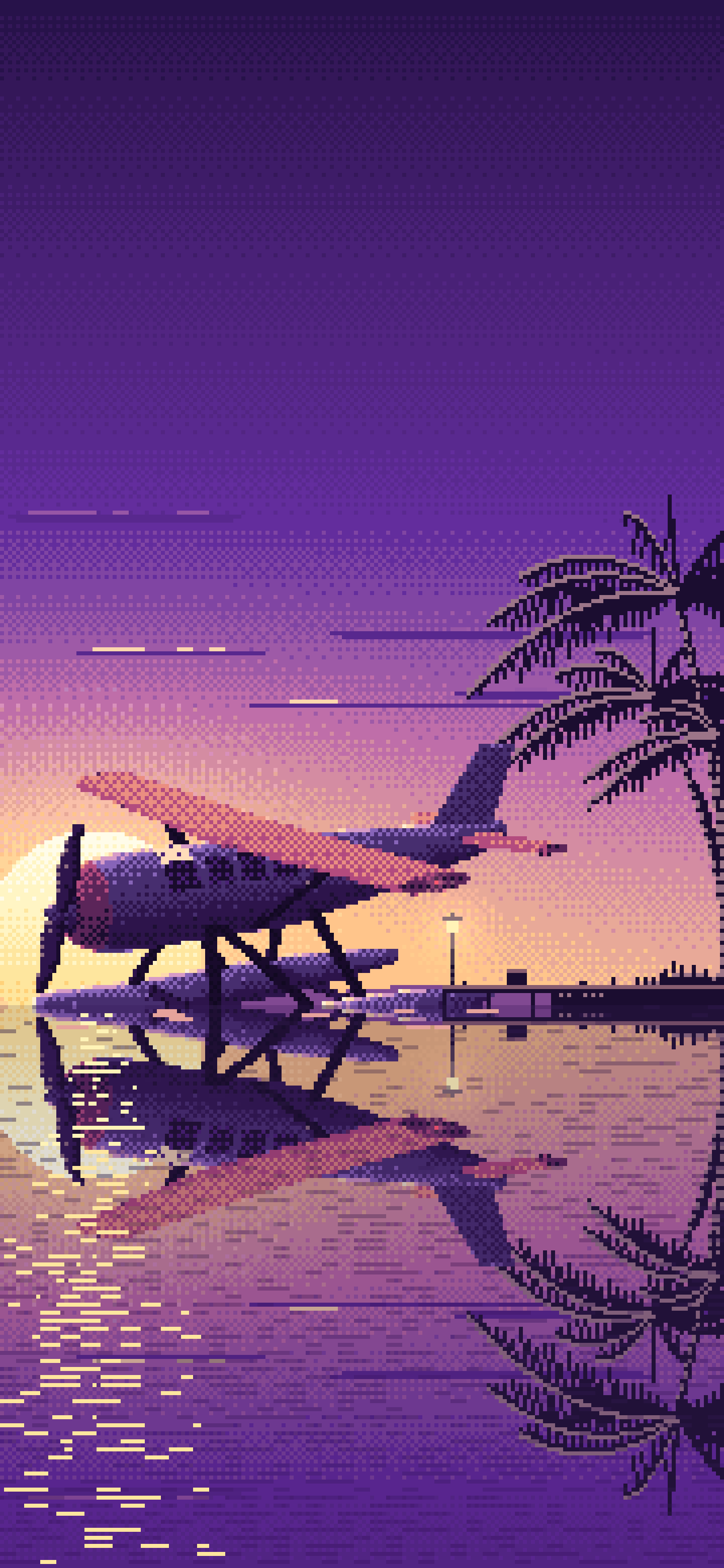 Dark Purple Pixel Art Seaplane at a Tropical Dock wallpaper for iPhone and Android