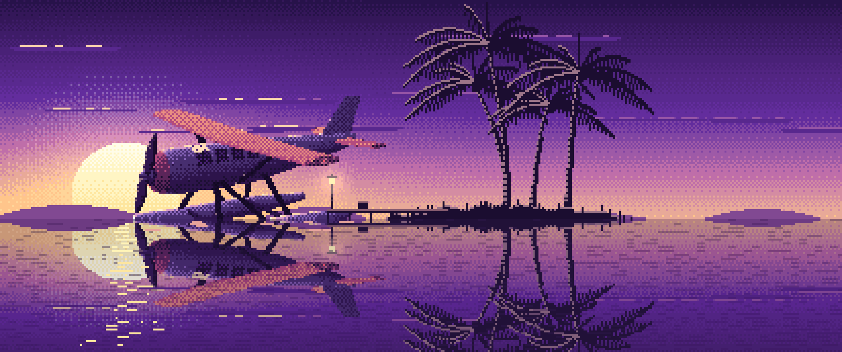 Dark Purple Pixel Art Seaplane at a Tropical Dock ultrawide wallpaper, 3440 × 1440